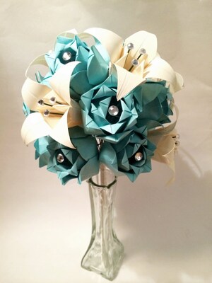 Paper Flower Roses and Lilies- Vase Included, one of a kind origami bouquet, traditional first anniversary gift, paper rose, Valentines Day - image1